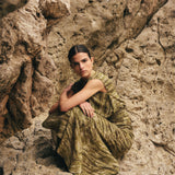 GREEN TIE DYE A-LINE SKIRT WITH GOLD THREAD