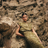 GREEN TIE DYE A-LINE SKIRT WITH GOLD THREAD