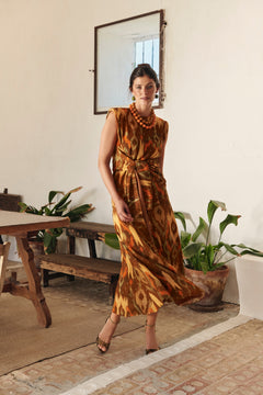 BROWN IKAT A-LINE SKIRT GOLD THREAD