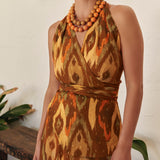 BROWN HALTER IKAT TOP WITH GOLD THREAD