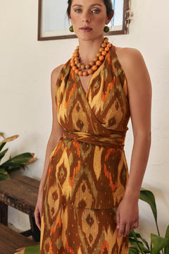BROWN HALTER IKAT TOP WITH GOLD THREAD