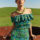 GREEN AND TURQUOISE GEOMETRIC RUFFLED TOP
