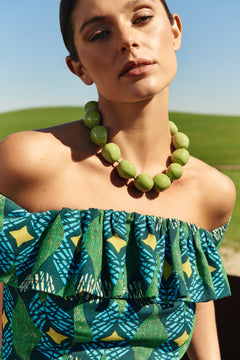 GREEN AND TURQUOISE GEOMETRIC RUFFLED TOP
