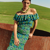 GREEN AND TURQUOISE GEOMETRIC RUFFLED TOP