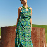 GREEN AND TURQUOISE GEOMETRIC FLARED SKIRT