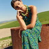 GREEN AND TURQUOISE GEOMETRIC FLARED SKIRT