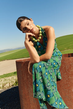 GREEN AND TURQUOISE GEOMETRIC FLARED SKIRT