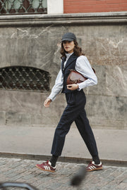NAVY STRIPED PLEATED TROUSERS