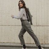 NAVY CHECKED PLEATED TROUSERS