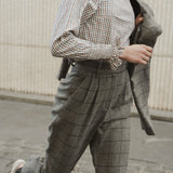 NAVY CHECKED PLEATED TROUSERS