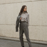 NAVY CHECKED PLEATED TROUSERS