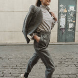 NAVY CHECKED PLEATED TROUSERS